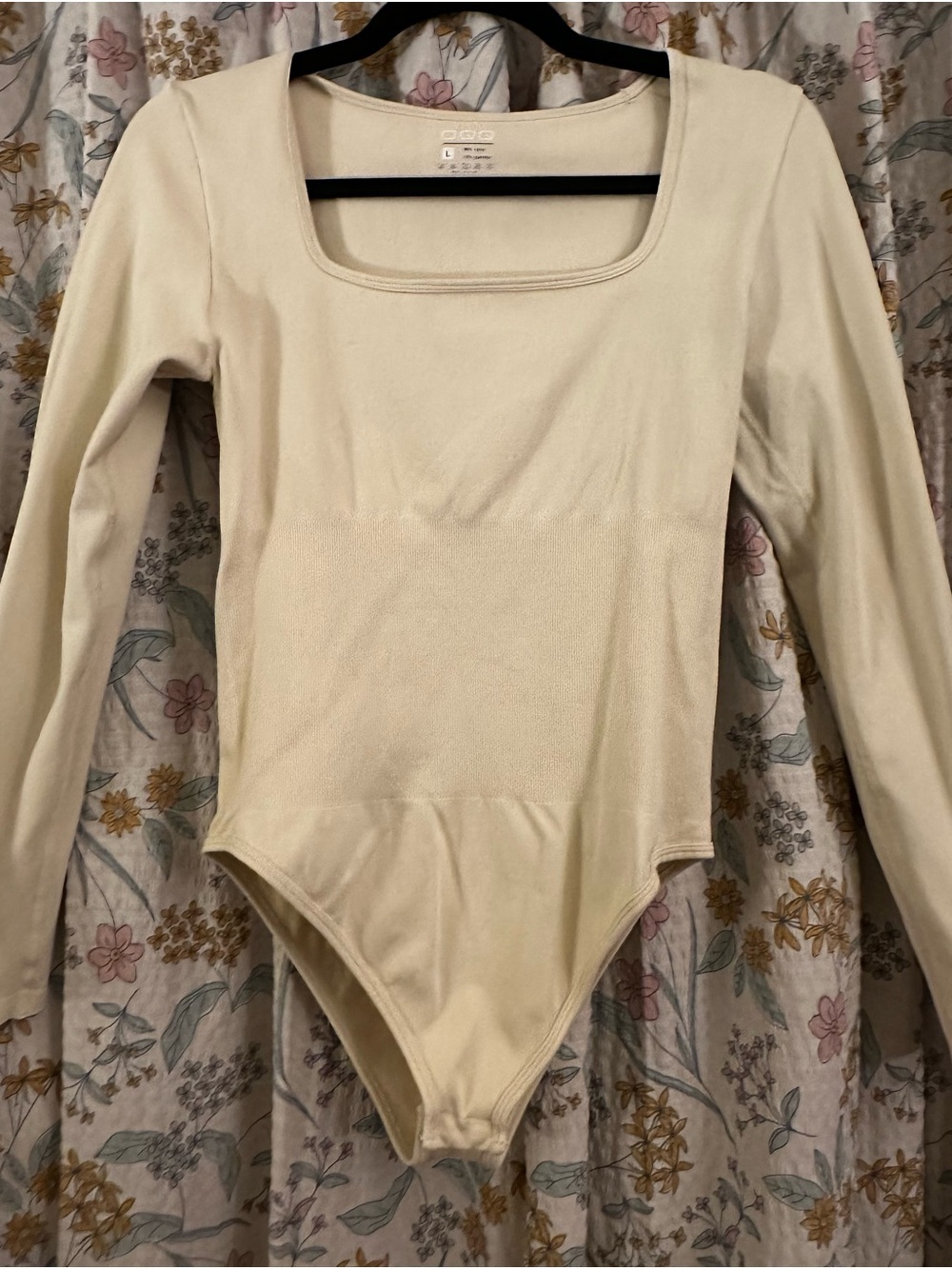 Square Neck Long Sleeve One-Piece Bodysuit in Cream